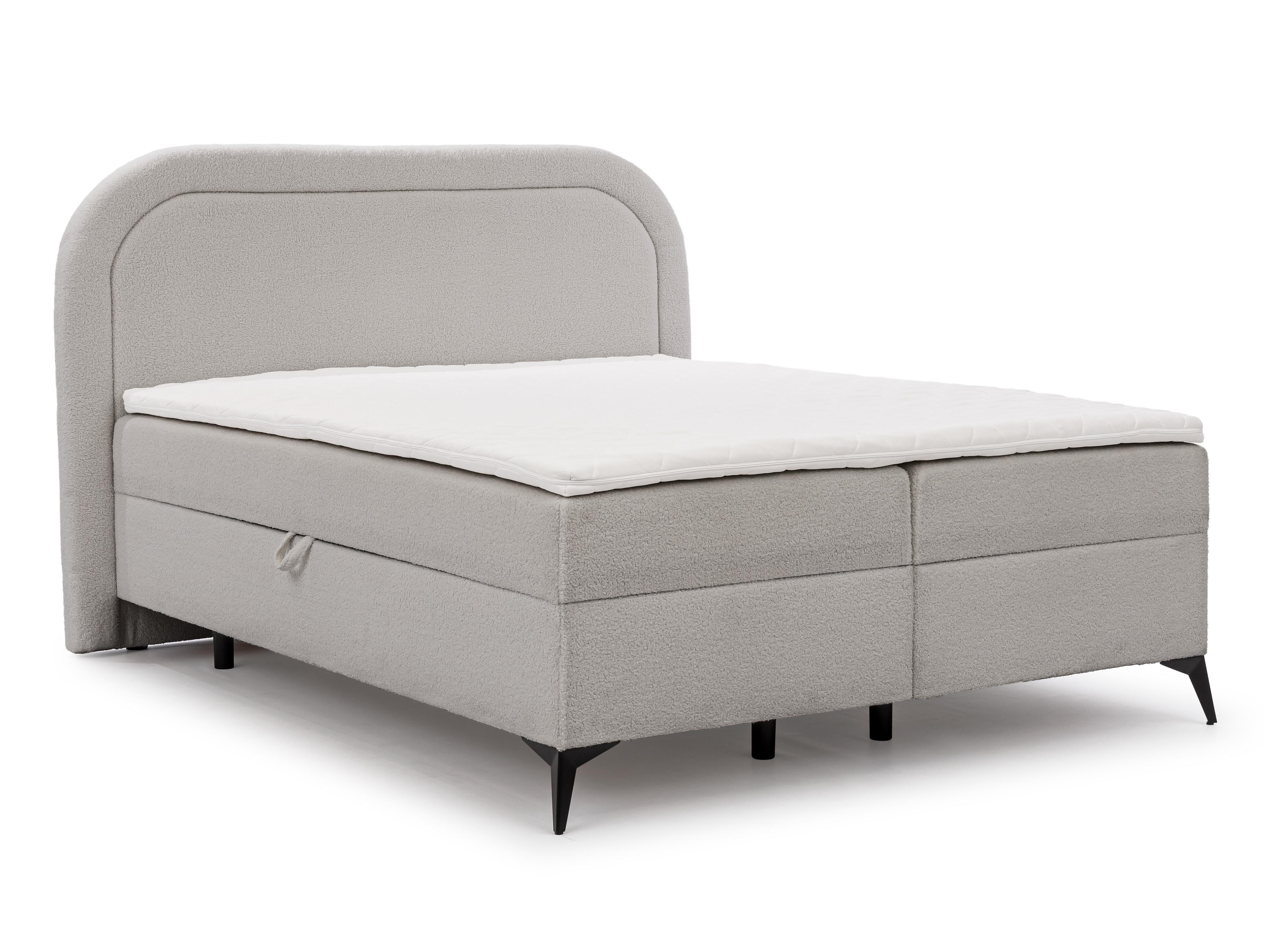 wohnli-moebel-suche-800001138620 Wohnli Möbelsuche - BOXBETT Sonna 160/200 cm Hellgrau Bouclé-Stoff mit abgerundetem Kopfteil und mit schwarzen Metallfüße
