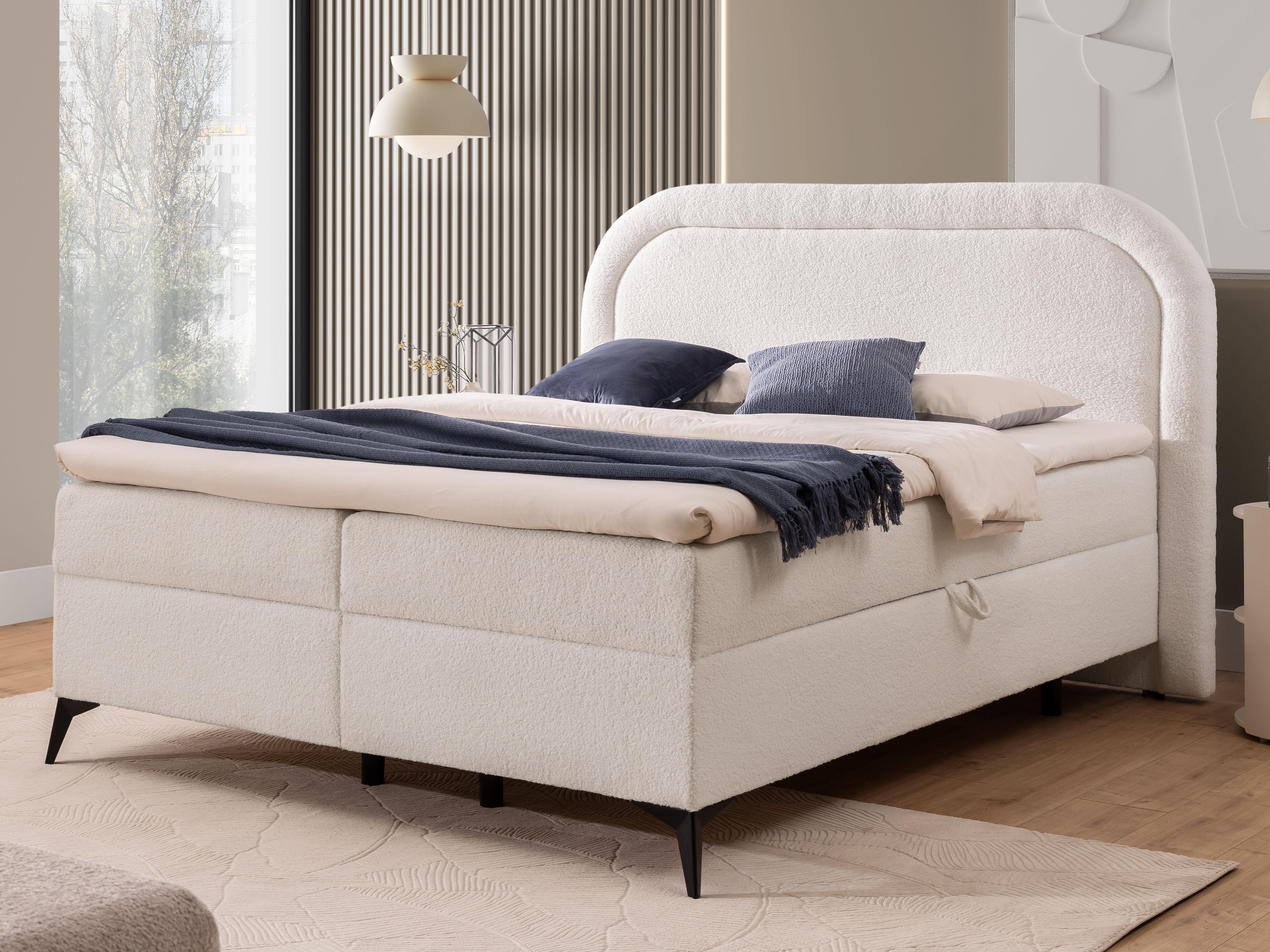 wohnli-moebel-suche-800001138623-1 BOXBETT Sonna 140/200 cm Weiß Bouclé-Stoff mit abgerundetem Kopfteil und mit schwarzen Metallfüße Textil S-Style Möbel Möbel > Betten > Boxspringbetten Weiß