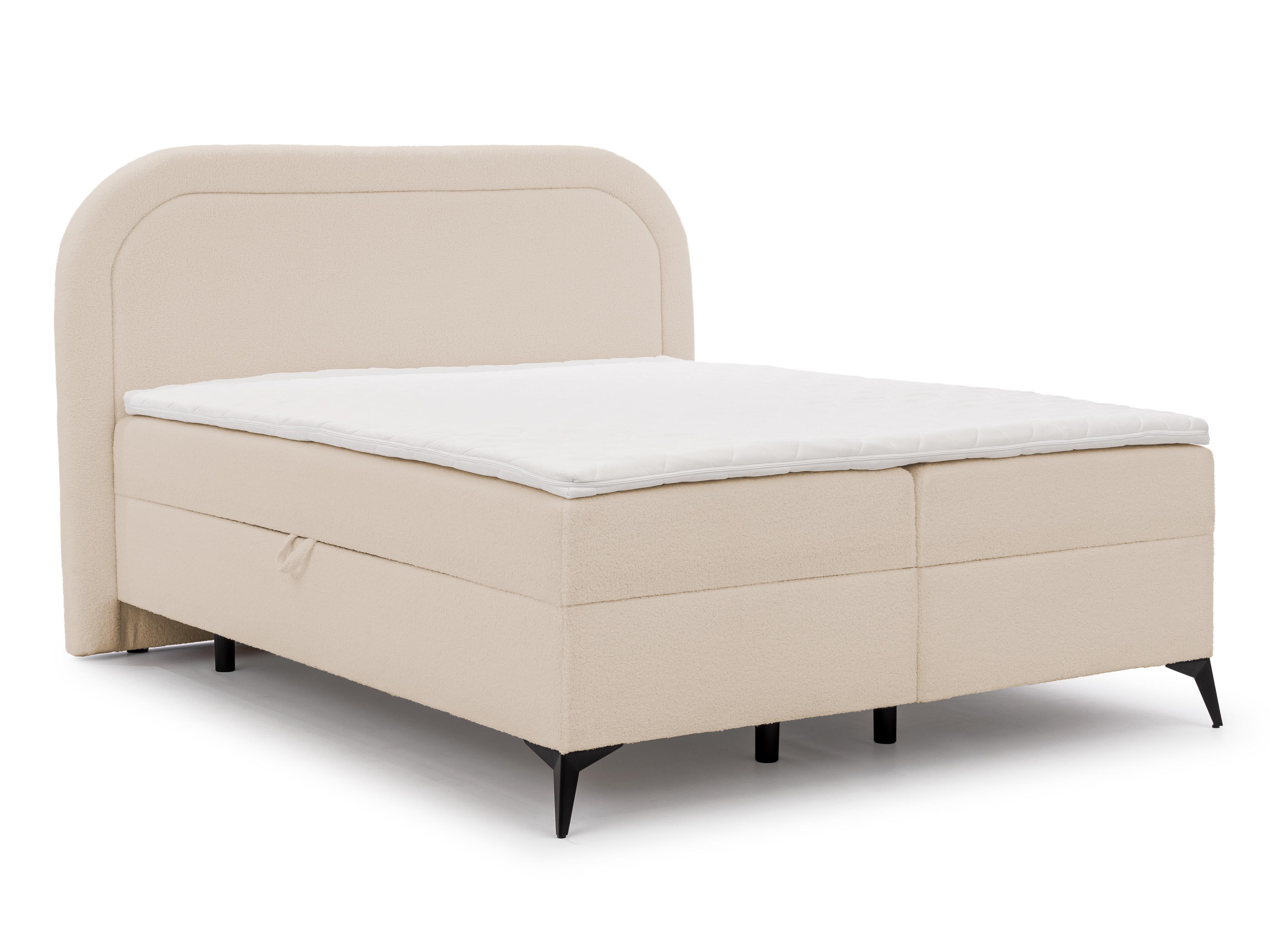 wohnli-moebel-suche-800001138624 Wohnli Möbelsuche - BOXBETT Sonna 180/200 cm Hellbeige Bouclé-Stoff mit abgerundetem Kopfteil und mit schwarzen Metallfüßen