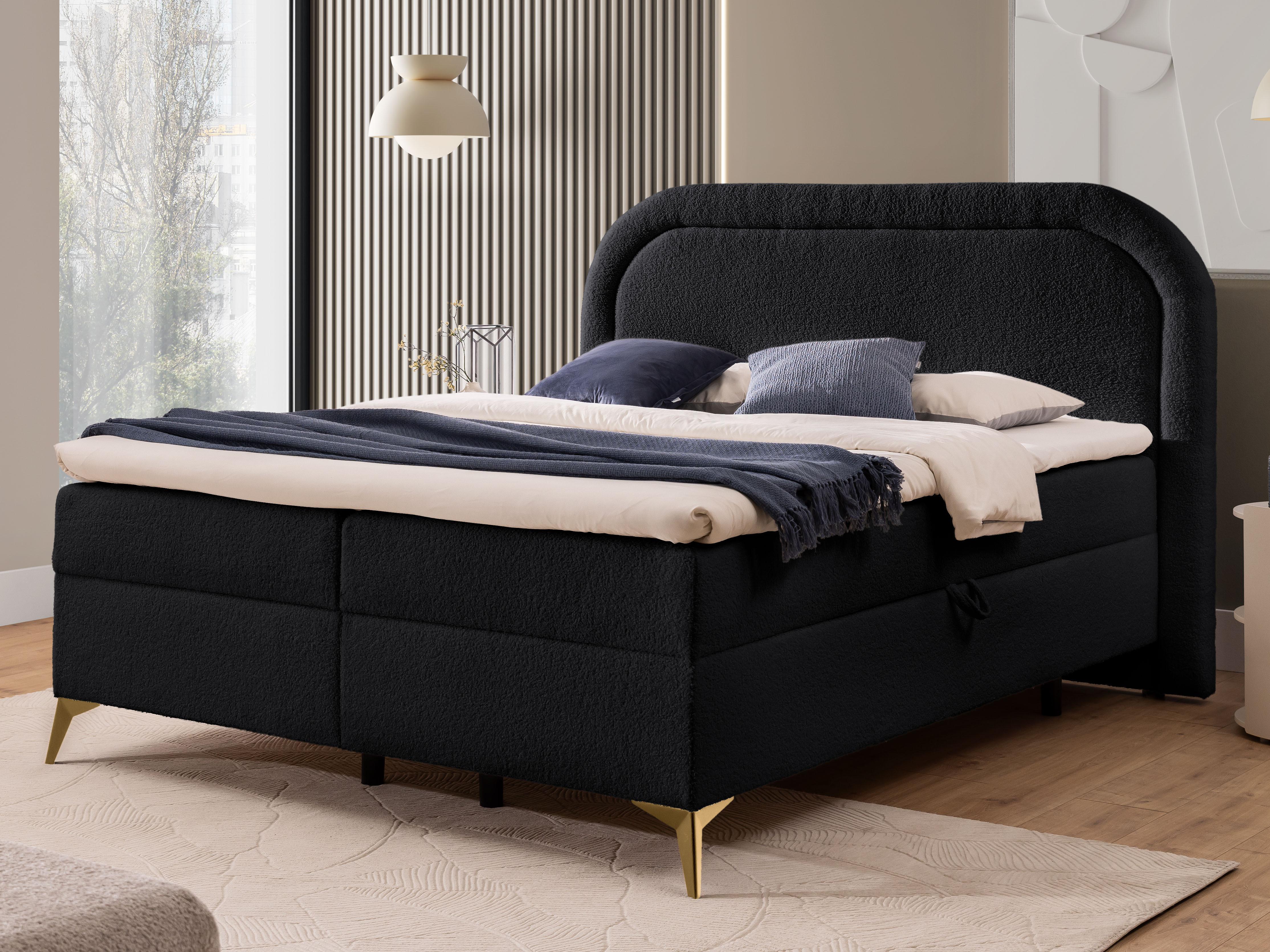 BOXBETT Sonna 180/200 cm Schwarz Bouclé-Stoff mit abgerundetem Kopfteil und mit goldenen Metallfüßen Textil S-Style Möbel Möbel > Betten > Boxspringbetten Schwarz