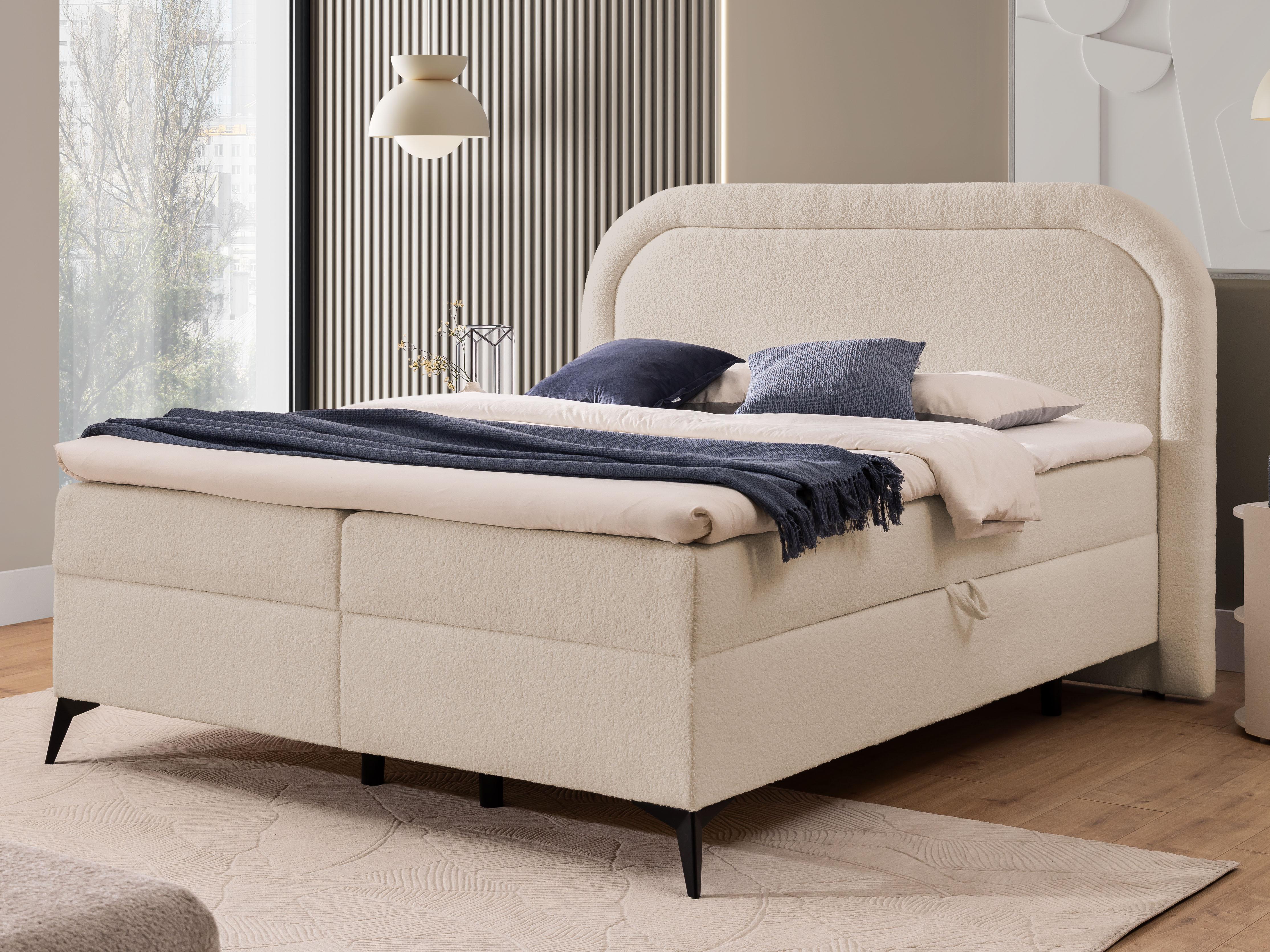 BOXBETT Sonna 200/200 cm Hellbeige Bouclé-Stoff mit abgerundetem Kopfteil und mit schwarzen Metallfüßen Textil S-Style Möbel Möbel > Betten > Boxspringbetten Beige