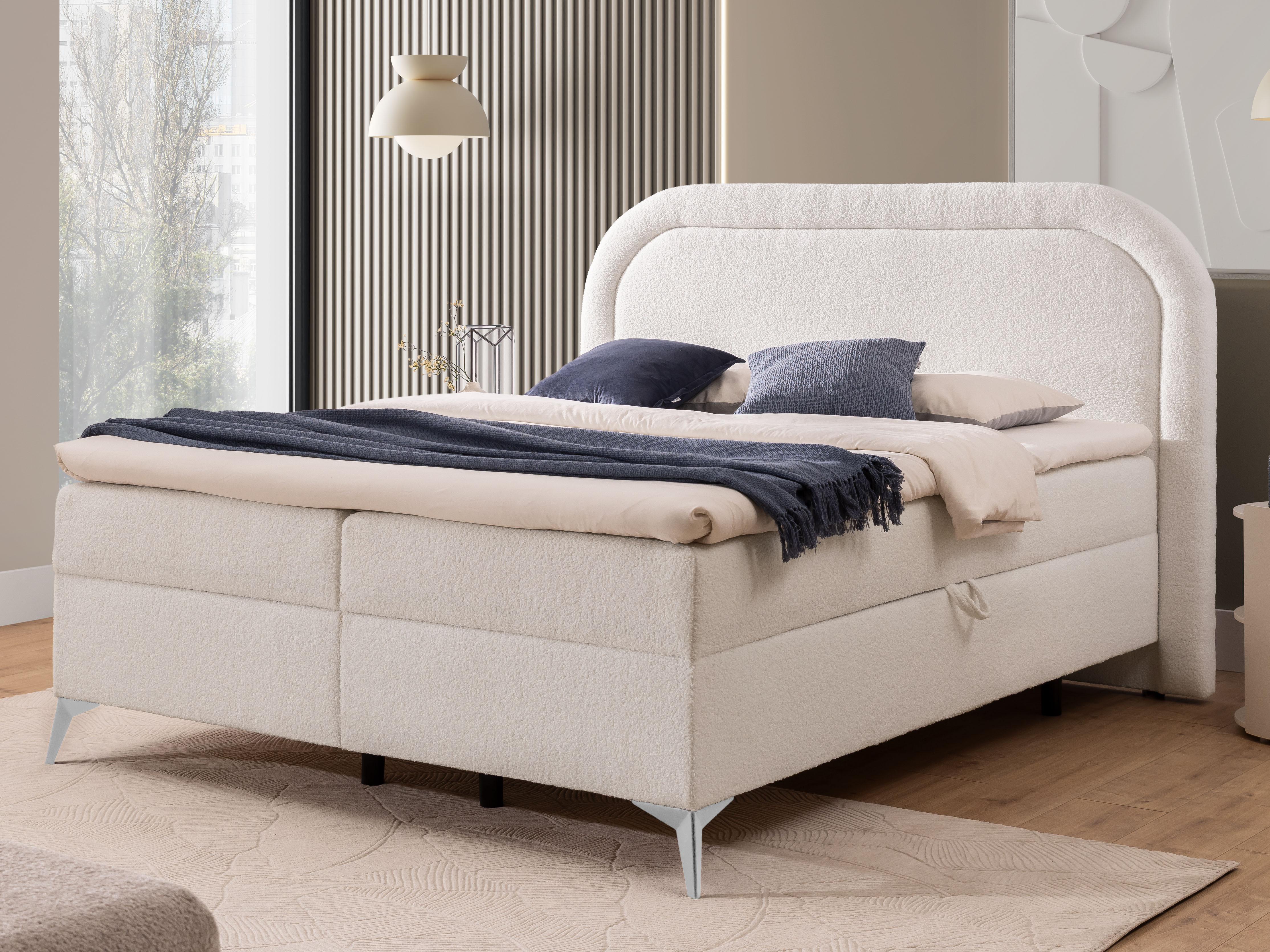BOXBETT Sonna 140/200 cm Weiß Bouclé-Stoff mit abgerundetem Kopfteil und mit silbernen Metallfüßen Textil S-Style Möbel Möbel > Betten > Boxspringbetten Weiß