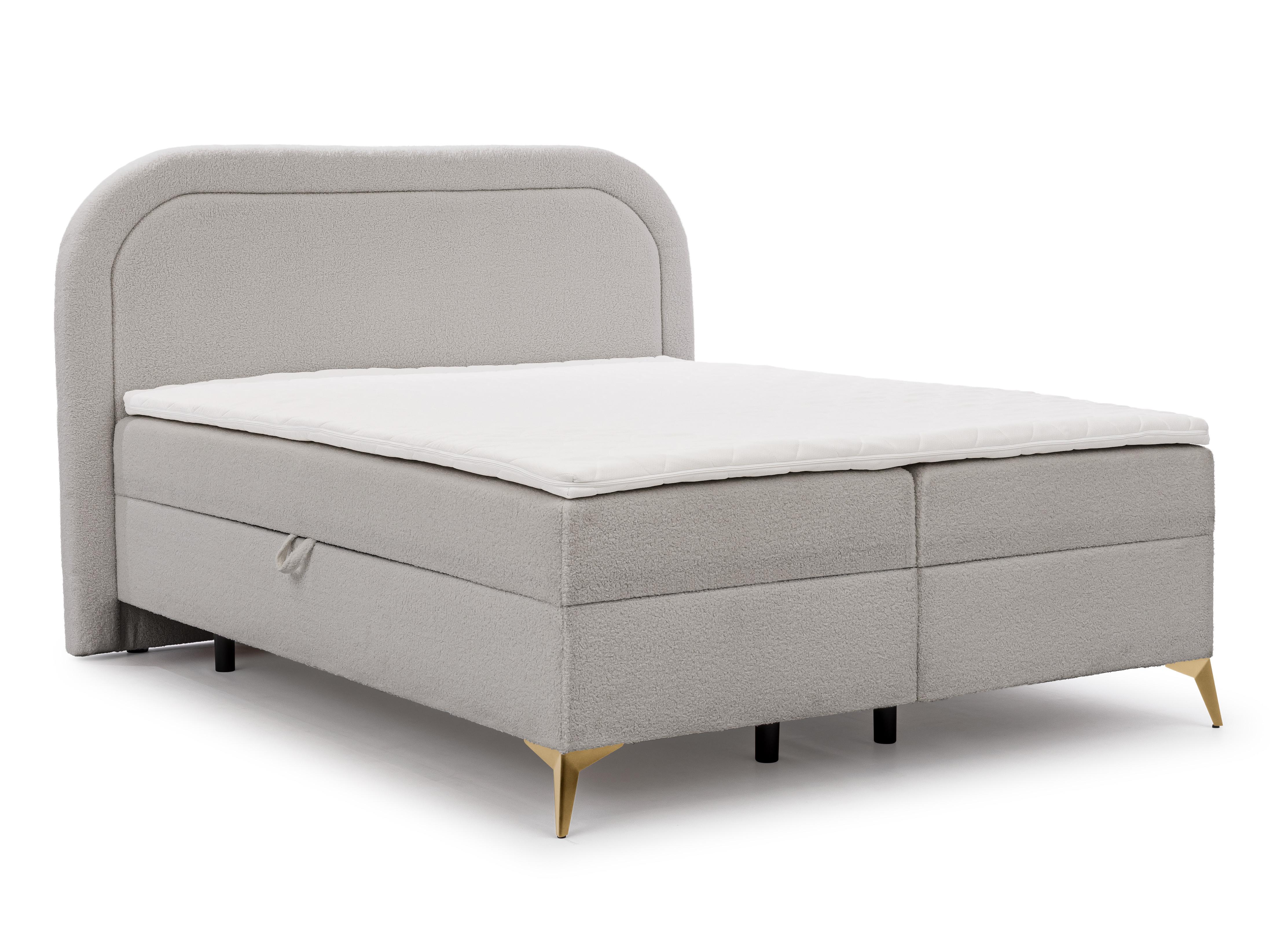 Wohnli Möbelsuche - BOXBETT Sonna 160/200 cm Hellgrau Bouclé-Stoff mit abgerundetem Kopfteil und mit goldenen Metallfüßen