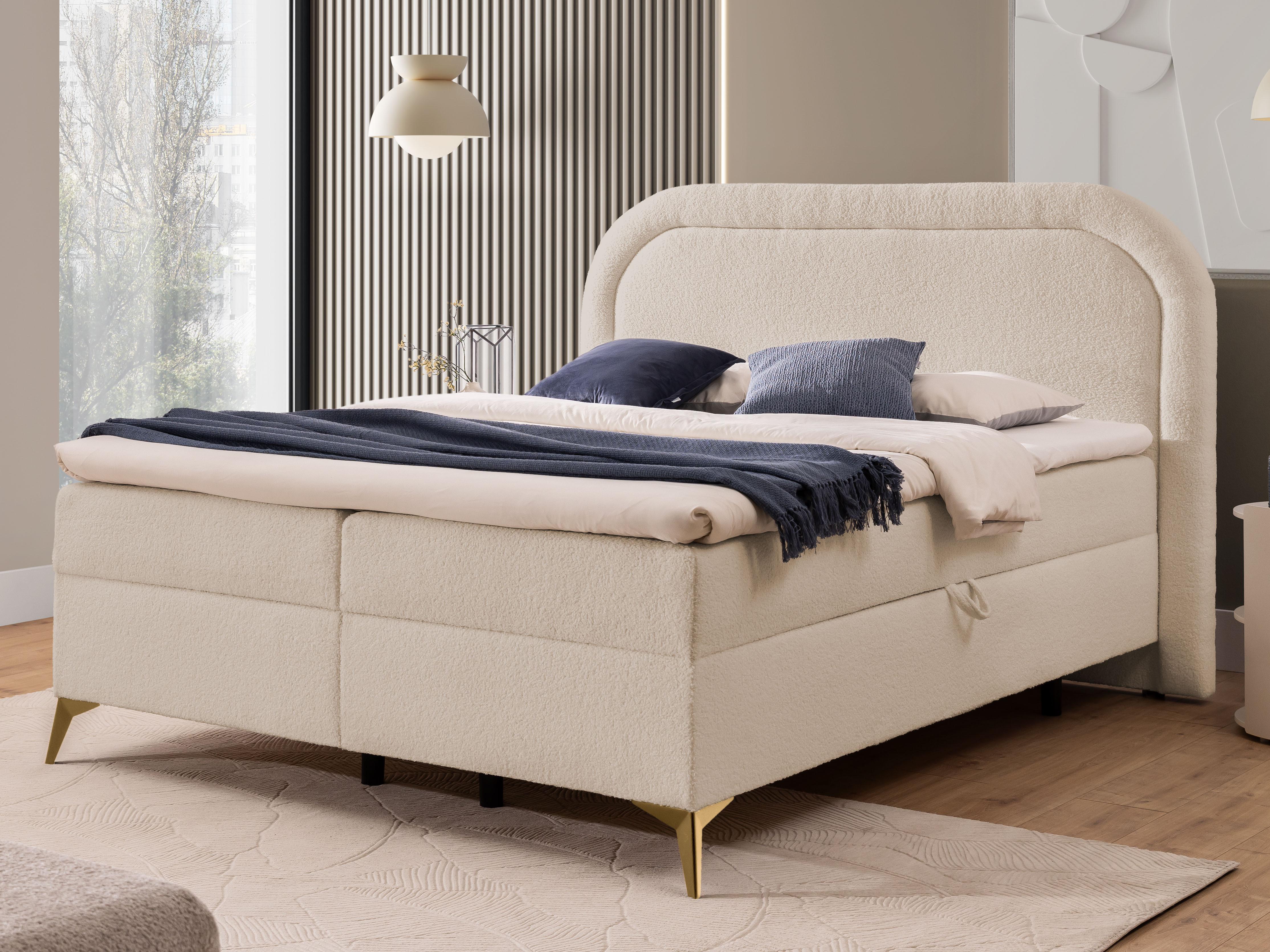 BOXBETT Sonna 180/200 cm Hellbeige Bouclé-Stoff mit abgerundetem Kopfteil und mit goldenen Metallfüßen Textil S-Style Möbel Möbel > Betten > Boxspringbetten Beige