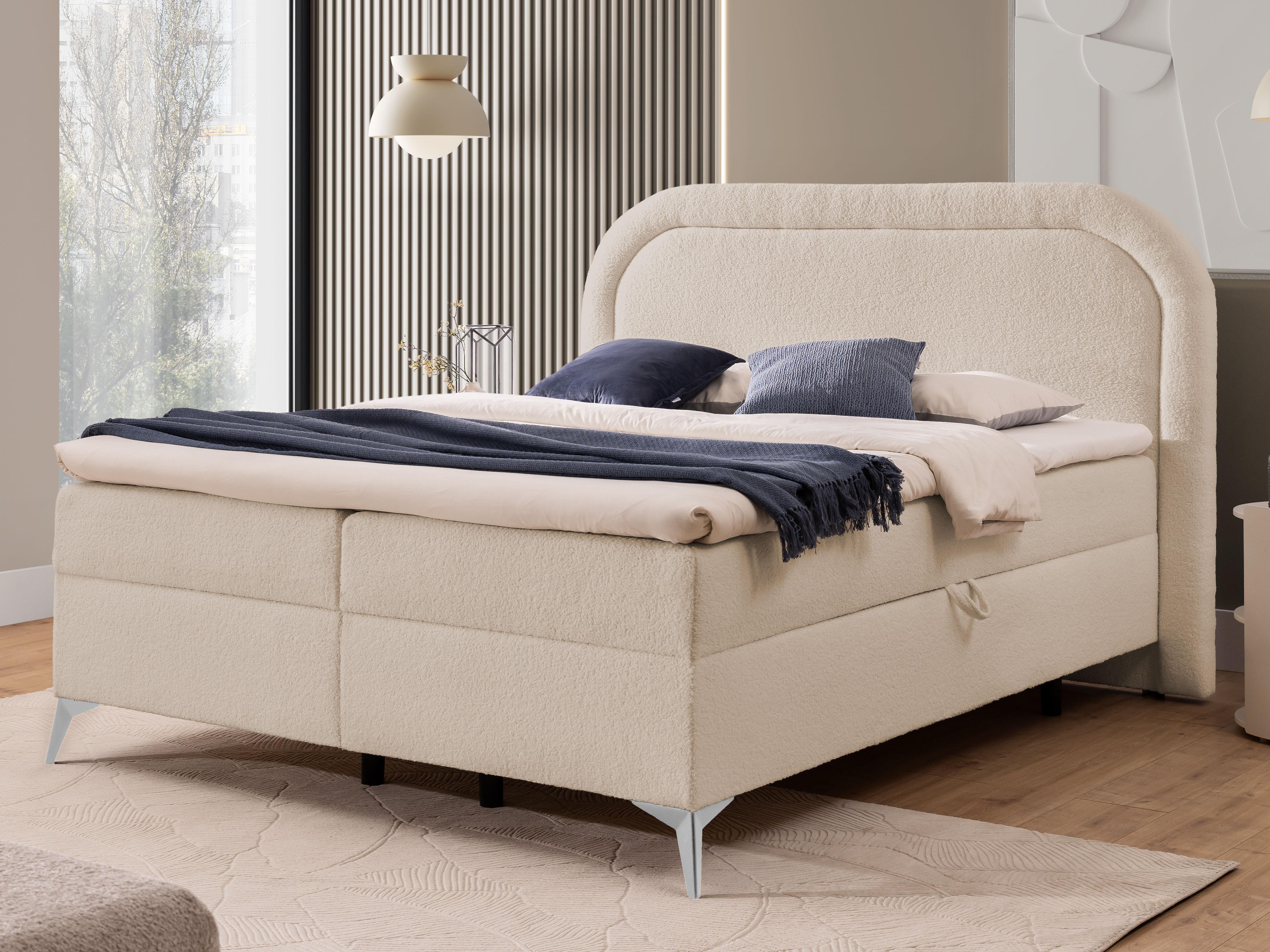 BOXBETT Sonna 200/200 cm Hellbeige Bouclé-Stoff mit abgerundetem Kopfteil und mit silbernen Metallfüßen Textil S-Style Möbel Möbel > Betten > Boxspringbetten Beige