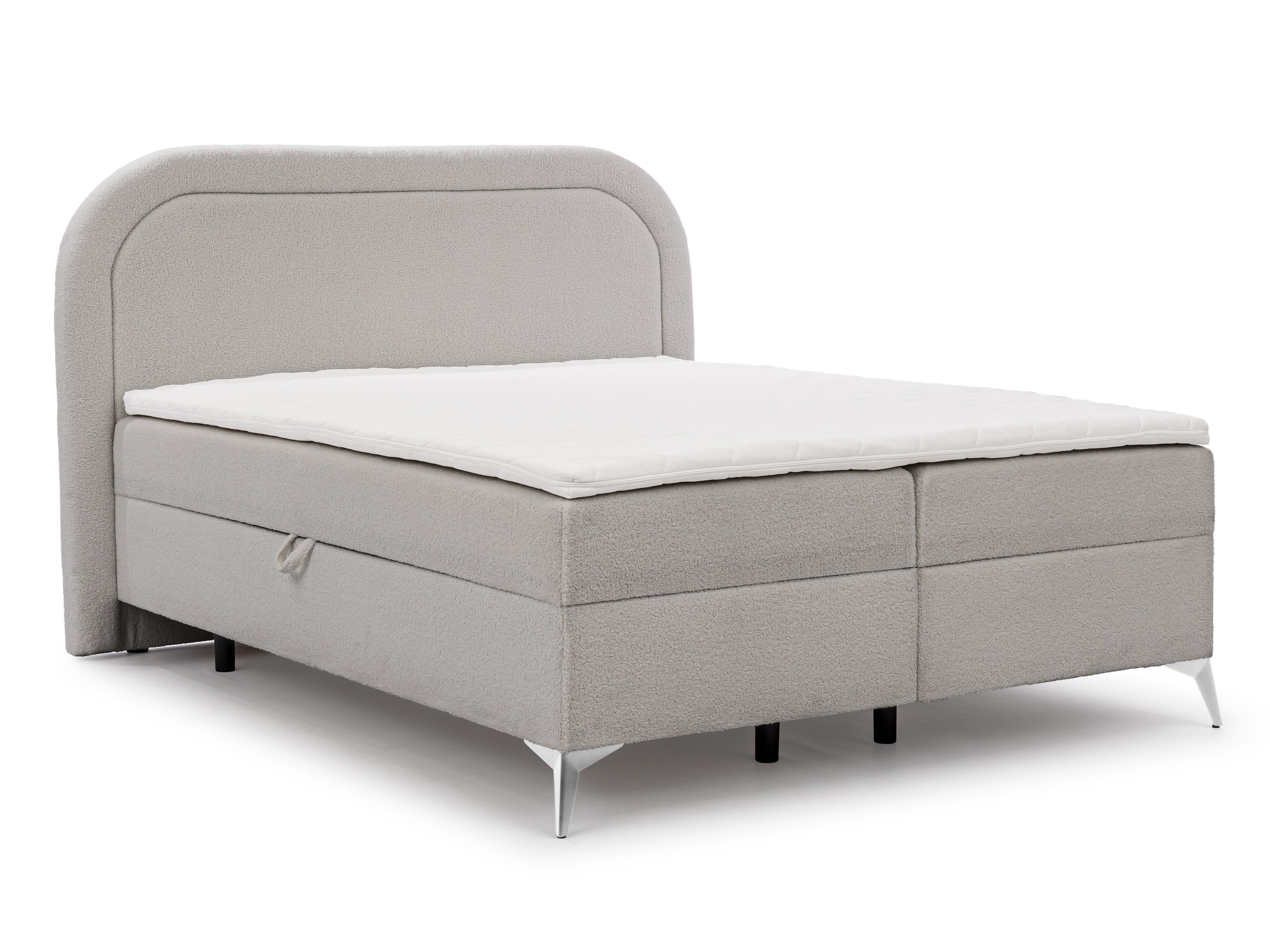 Wohnli Möbelsuche - BOXBETT Sonna 200/200 cm Hellgrau Bouclé-Stoff mit abgerundetem Kopfteil und mit silbernen Metallfüßen