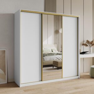 wohnli-moebel-suche-800001138732-1 SCHWEBETÜRENSCHRANK TAVI 180/205/60 cm 3-türig mit Spiegel und Schubladen Weiß Holzwerkstoff MASSENO Möbel > Schränke > Kleiderschränke > Schwebetürenschränke Weiß