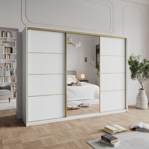 wohnli-moebel-suche-800001138765-1 SCHWEBETÜRENSCHRANK VARO 250/205/60 cm 3-türig mit Spiegel und Schubladen Weiß Holzwerkstoff MASSENO Möbel > Schränke > Kleiderschränke > Schwebetürenschränke Weiß
