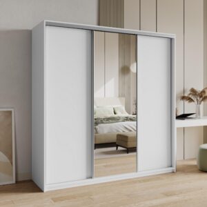 wohnli-moebel-suche-800001138770-1 SCHWEBETÜRENSCHRANK TAVI 180/205/60 cm 3-türig mit Spiegel und Schubladen Weiß Holzwerkstoff MASSENO Möbel > Schränke > Kleiderschränke > Schwebetürenschränke Weiß