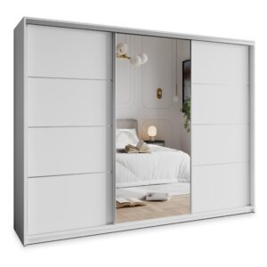 Wohnli Möbelsuche - SCHWEBETÜRENSCHRANK VARO 250/205/60 cm 3-türig mit Spiegel und Schubladen Weiß