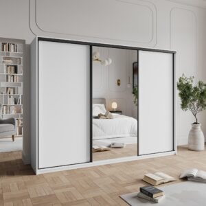 wohnli-moebel-suche-800001138801-1 SCHWEBETÜRENSCHRANK TAVI 250/205/60 cm 3-türig mit Spiegel und Schubladen Weiß Holzwerkstoff MASSENO Möbel > Schränke > Kleiderschränke > Schwebetürenschränke Weiß