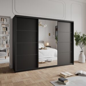wohnli-moebel-suche-800001138802-1 SCHWEBETÜRENSCHRANK VARO 250/205/60 cm 3-türig mit Spiegel und Schubladen Schwarz Holzwerkstoff MASSENO Möbel > Schränke > Kleiderschränke > Schwebetürenschränke Schwarz