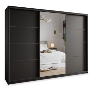 Wohnli Möbelsuche - SCHWEBETÜRENSCHRANK VARO 250/205/60 cm 3-türig mit Spiegel und Schubladen Schwarz