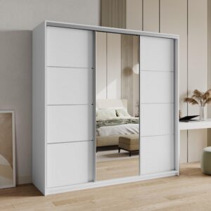 wohnli-moebel-suche-800001138819-1 SCHWEBETÜRENSCHRANK VARO 180/205/60 cm 3-türig mit Spiegel und Schubladen Weiß Holzwerkstoff MASSENO Möbel > Schränke > Kleiderschränke > Schwebetürenschränke Weiß