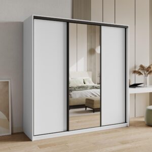 wohnli-moebel-suche-800001138862-1 SCHWEBETÜRENSCHRANK TAVI 180/205/60 cm 3-türig mit Spiegel und Schubladen Weiß Holzwerkstoff MASSENO Möbel > Schränke > Kleiderschränke > Schwebetürenschränke Weiß