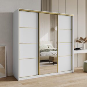 wohnli-moebel-suche-800001138908-1 SCHWEBETÜRENSCHRANK VARO 180/205/60 cm 3-türig mit Spiegel und Schubladen Weiß Holzwerkstoff MASSENO Möbel > Schränke > Kleiderschränke > Schwebetürenschränke Weiß