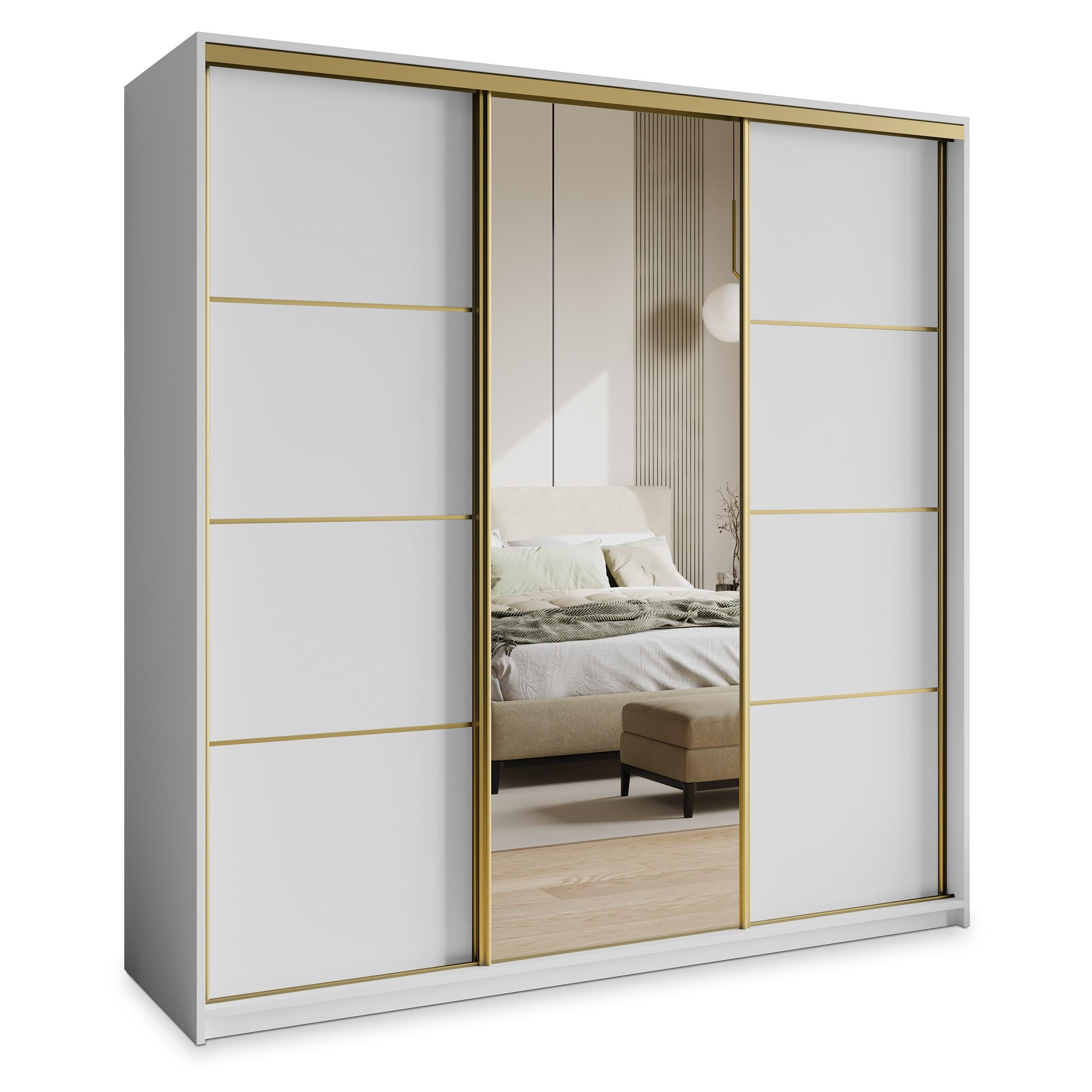 Wohnli Möbelsuche - SCHWEBETÜRENSCHRANK VARO 180/205/60 cm 3-türig mit Spiegel und Schubladen Weiß