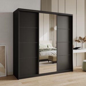 wohnli-moebel-suche-800001138922-1 SCHWEBETÜRENSCHRANK VARO 180/205/60 cm 3-türig mit Spiegel und Schubladen Schwarz Holzwerkstoff MASSENO Möbel > Schränke > Kleiderschränke > Schwebetürenschränke Schwarz
