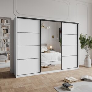 wohnli-moebel-suche-800001138935-1 SCHWEBETÜRENSCHRANK VARO 250/205/60 cm 3-türig mit Spiegel und Schubladen Weiß Holzwerkstoff MASSENO Möbel > Schränke > Kleiderschränke > Schwebetürenschränke Weiß
