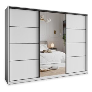 Wohnli Möbelsuche - SCHWEBETÜRENSCHRANK VARO 250/205/60 cm 3-türig mit Spiegel und Schubladen Weiß