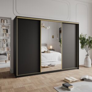 wohnli-moebel-suche-800001138936-1 SCHWEBETÜRENSCHRANK TAVI 250/205/60 cm 3-türig mit Spiegel und Schubladen Schwarz Holzwerkstoff MASSENO Möbel > Schränke > Kleiderschränke > Schwebetürenschränke Schwarz