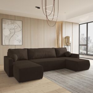 WOHNLANDSCHAFT TESSUN Braun Plüsch-Stoff mit Schlaffunktion Holz MASSENO Möbel > Sofas & Couches > Wohnlandschaften > Wohnlandschaften U-Form Braun