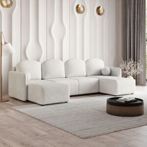 WOHNLANDSCHAFT NUBERO Creme Geflochtener Stoff mit Schlaffunktion Holz MASSENO Möbel > Sofas & Couches > Wohnlandschaften > Wohnlandschaften U-Form Weiß