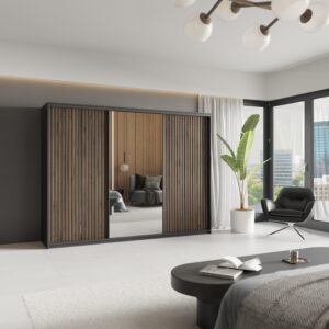 SCHWEBETÜRENSCHRANK ORRA 270/205/60 cm 3-türig mit Spiegel und Lamellen Schwarz Holzwerkstoff MASSENO Möbel > Schränke > Kleiderschränke > Schwebetürenschränke Schwarz