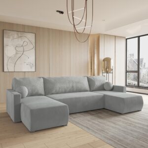 wohnli-moebel-suche-800001140930-1 WOHNLANDSCHAFT TESSUN Hellgrau Plüsch-Stoff mit Schlaffunktion Holz MASSENO Möbel > Sofas & Couches > Wohnlandschaften > Wohnlandschaften U-Form Grau