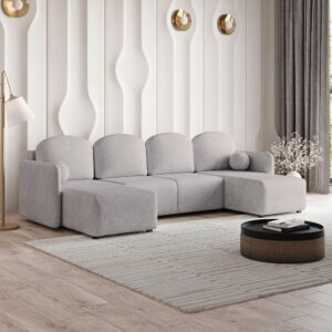 wohnli-moebel-suche-800001140931-1 WOHNLANDSCHAFT NUBERO Hellgrau Geflochtener Stoff mit Schlaffunktion Holz MASSENO Möbel > Sofas & Couches > Wohnlandschaften > Wohnlandschaften U-Form Grau