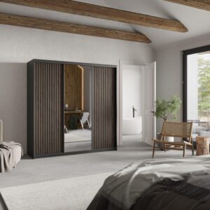 wohnli-moebel-suche-800001140935-1 SCHWEBETÜRENSCHRANK ORRA 200/205/60 cm 3-türig mit Spiegel und Lamellen Schwarz Holzwerkstoff MASSENO Möbel > Schränke > Kleiderschränke > Schwebetürenschränke Schwarz