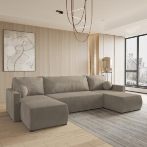 WOHNLANDSCHAFT TESSUN Beige Plüsch-Stoff mit Schlaffunktion Holz MASSENO Möbel > Sofas & Couches > Wohnlandschaften > Wohnlandschaften U-Form Beige