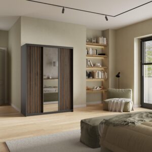 wohnli-moebel-suche-800001140974-1 SCHWEBETÜRENSCHRANK ORRA 150/205/60 cm 3-türig mit Spiegel und Lamellen Schwarz Holzwerkstoff MASSENO Möbel > Schränke > Kleiderschränke > Schwebetürenschränke Schwarz