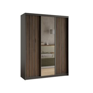 wohnli-moebel-suche-800001140974 Wohnli Möbelsuche - SCHWEBETÜRENSCHRANK ORRA 150/205/60 cm 3-türig mit Spiegel und Lamellen Schwarz