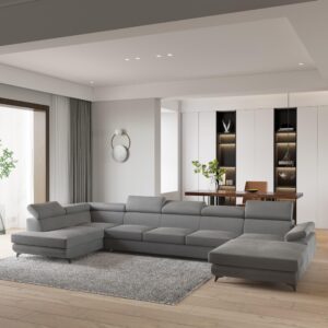 WOHNLANDSCHAFT MONTIVA Grau Velours-Stoff mit Schlaffunktion Holz MASSENO Möbel > Sofas & Couches > Wohnlandschaften > Wohnlandschaften U-Form Grau