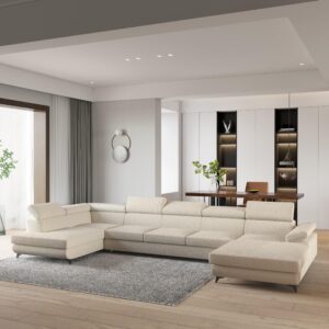 WOHNLANDSCHAFT MONTIVA Creme Boucle-Stoff mit Schlaffunktion Holz MASSENO Möbel > Sofas & Couches > Wohnlandschaften > Wohnlandschaften U-Form Weiß