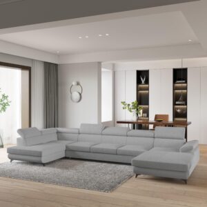 WOHNLANDSCHAFT MONTIVA Hellgrau Boucle-Stoff mit Schlaffunktion Holz MASSENO Möbel > Sofas & Couches > Wohnlandschaften > Wohnlandschaften U-Form Grau