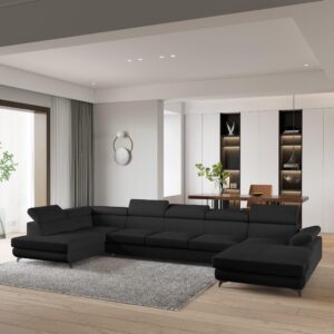 WOHNLANDSCHAFT MONTIVA Schwarz Boucle-Stoff mit Schlaffunktion Holz MASSENO Möbel > Sofas & Couches > Wohnlandschaften > Wohnlandschaften U-Form Schwarz