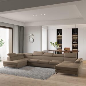 WOHNLANDSCHAFT MONTIVA Beige Velours-Stoff mit Schlaffunktion Holz MASSENO Möbel > Sofas & Couches > Wohnlandschaften > Wohnlandschaften U-Form Beige
