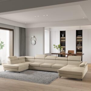 wohnli-moebel-suche-800001141098-1 WOHNLANDSCHAFT MONTIVA Creme Velours-Stoff mit Schlaffunktion Holz MASSENO Möbel > Sofas & Couches > Wohnlandschaften > Wohnlandschaften U-Form Weiß