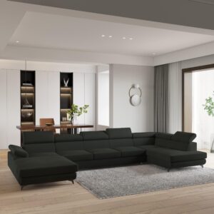 WOHNLANDSCHAFT MONTIVA Schwarz Velours-Stoff mit Schlaffunktion Holz MASSENO Möbel > Sofas & Couches > Wohnlandschaften > Wohnlandschaften U-Form Schwarz
