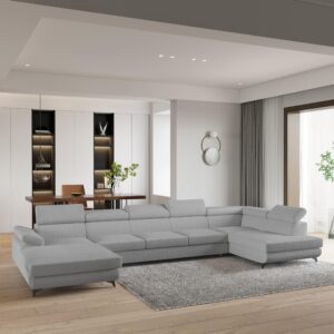 WOHNLANDSCHAFT MONTIVA Hellgrau Boucle-Stoff mit Schlaffunktion Holz MASSENO Möbel > Sofas & Couches > Wohnlandschaften > Wohnlandschaften U-Form Grau