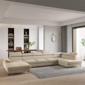 wohnli-moebel-suche-800001141278-1 WOHNLANDSCHAFT MONTIVA Creme Velours-Stoff mit Schlaffunktion Holz MASSENO Möbel > Sofas & Couches > Wohnlandschaften > Wohnlandschaften U-Form Weiß