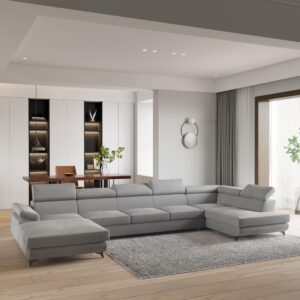 wohnli-moebel-suche-800001141309-1 WOHNLANDSCHAFT MONTIVA Hellgrau Velours-Stoff mit Schlaffunktion Holz MASSENO Möbel > Sofas & Couches > Wohnlandschaften > Wohnlandschaften U-Form Grau