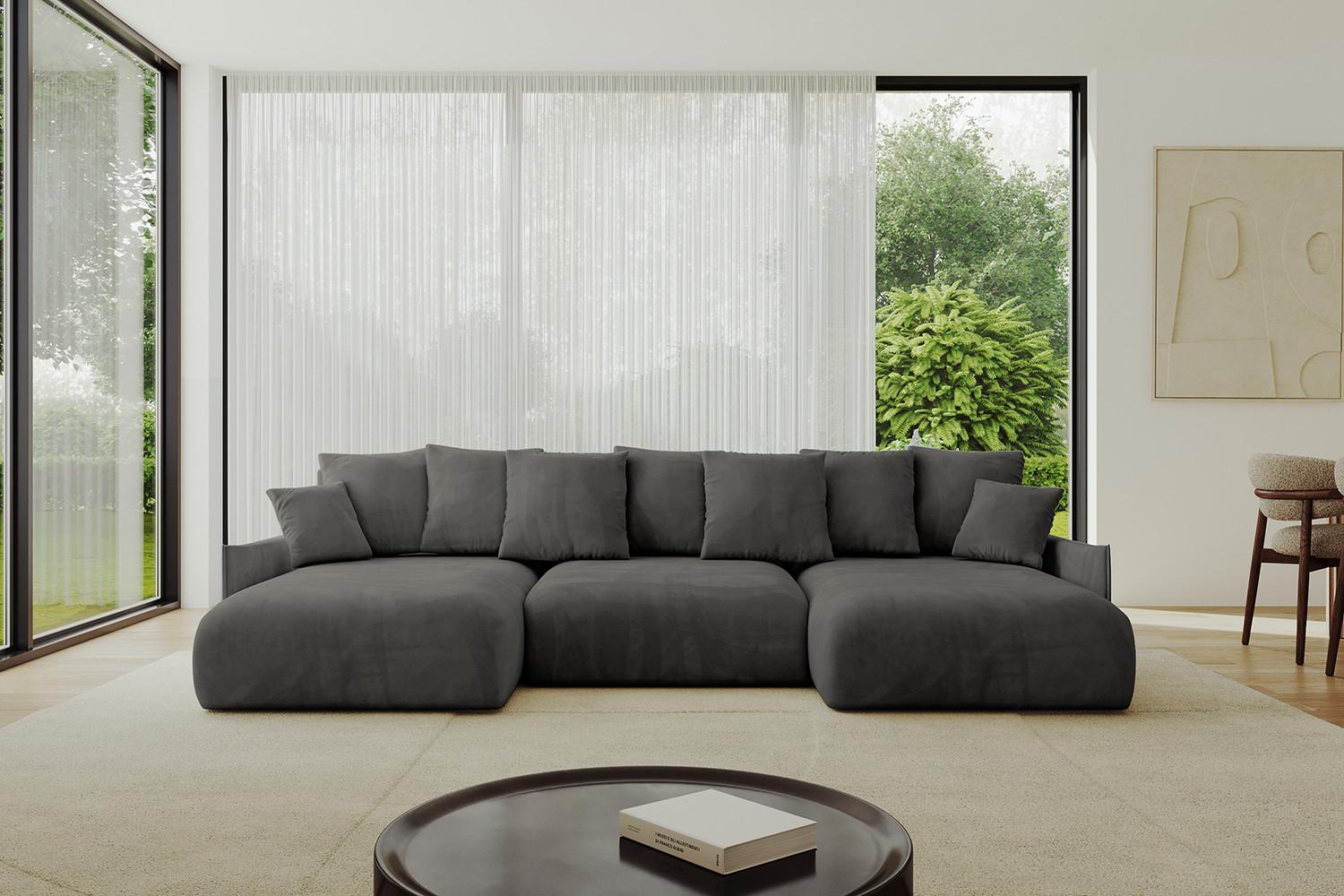 WOHNLANDSCHAFT mit Schlaffunktion und Bettkasten ONESK-U-v1 317x177x72 Dunkelgrau Velours Textil ALTDECOR Möbel > Sofas & Couches > Wohnlandschaften > Wohnlandschaften U-Form Anthrazit
