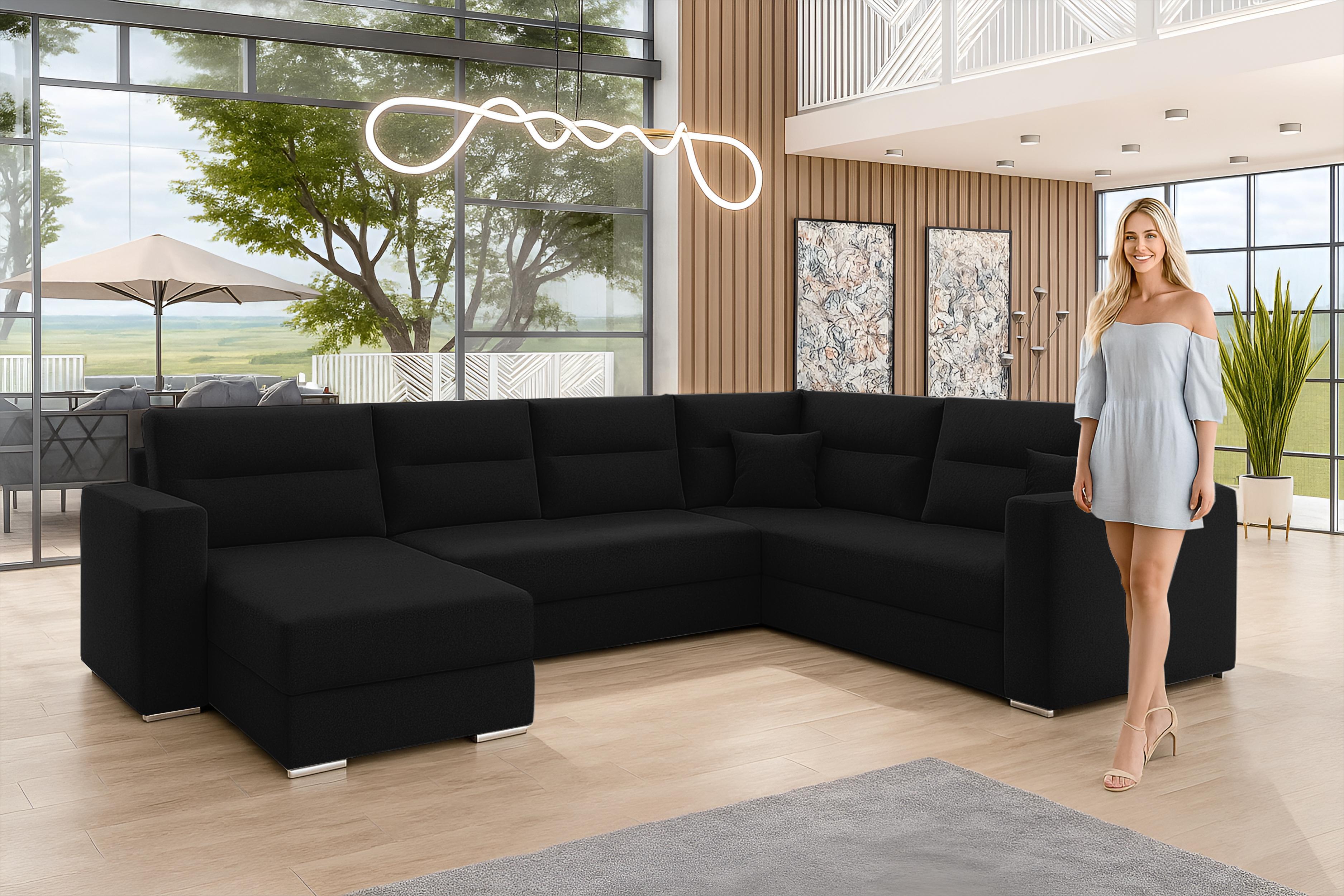 WOHNLANDSCHAFT Lovere Schwarz 314/217/90 cm mit Bettkasten Schlaffunktion Design Textil AX Living Möbel > Sofas & Couches > Wohnlandschaften > Wohnlandschaften U-Form Schwarz