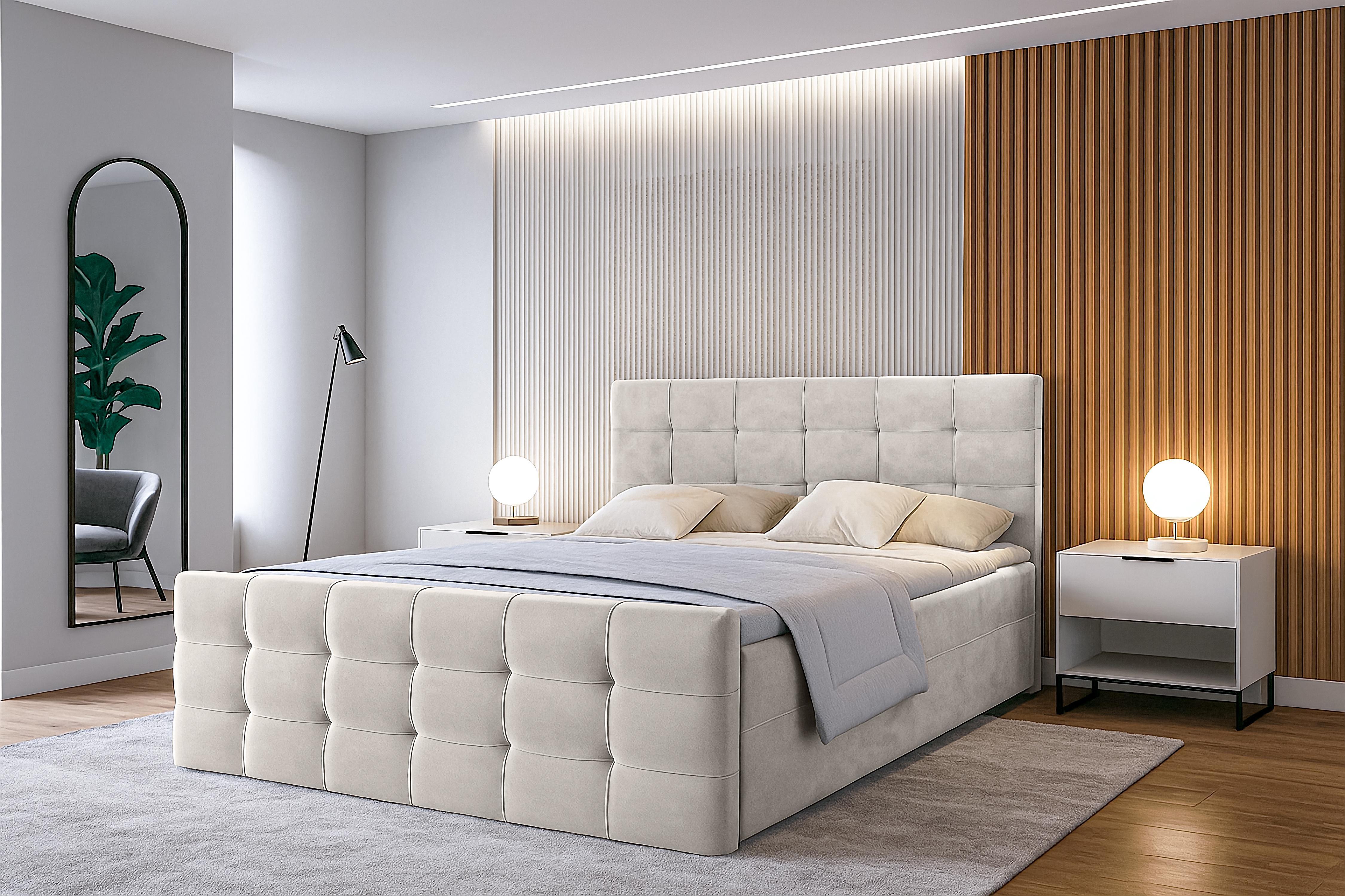 BOXBETT ARGENTARO 140x200 cm mit Bettkasten und Matratze - Beige + TOPPER Textil AX Living Möbel > Betten > Boxspringbetten Beige