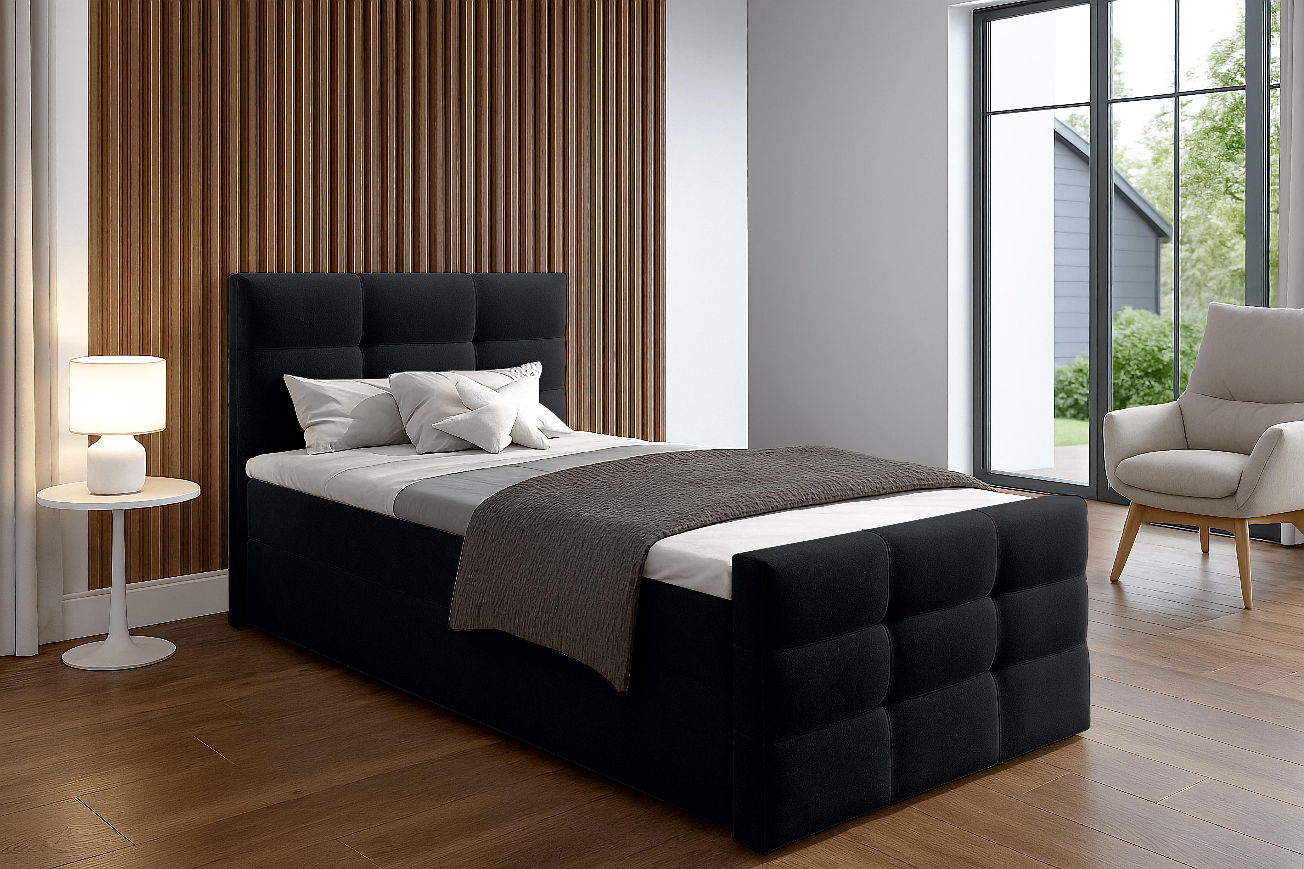 BOXBETT ARGENTARO 120x200 cm mit Bettkasten und Matratze - Schwarz + TOPPER Textil AX Living Möbel > Betten > Boxspringbetten Schwarz