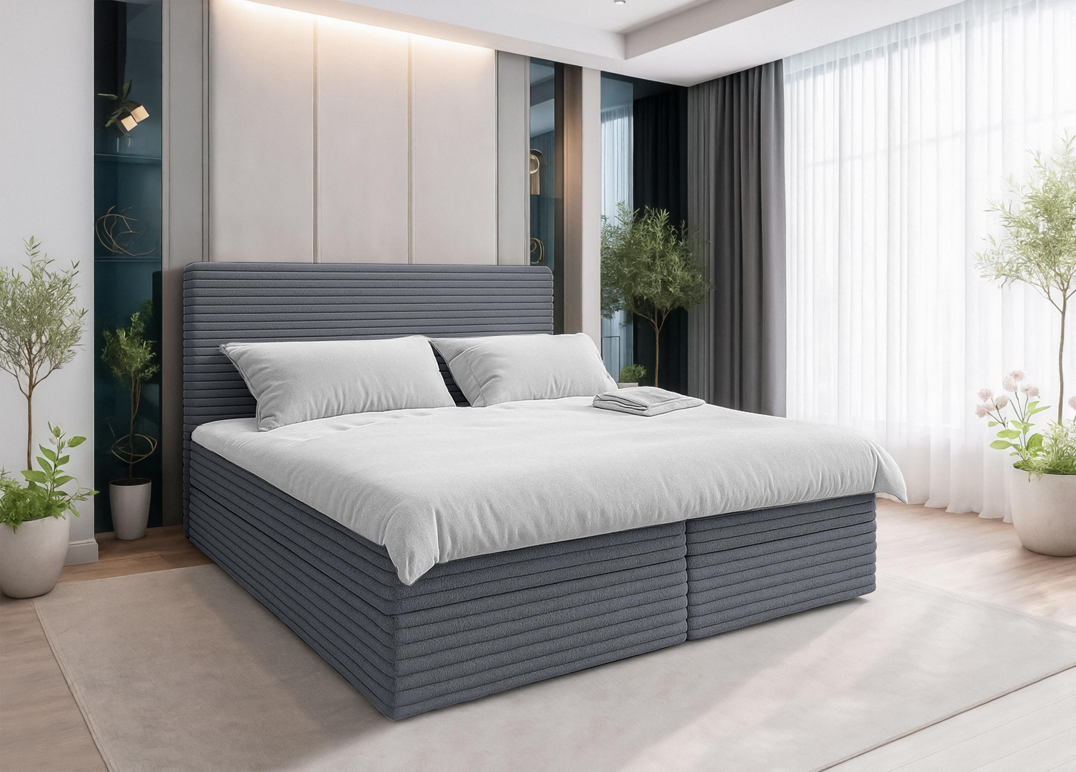 BOXBETT SEVDAYLA 140x200 cm mit Bettkasten und Matratze - Grau + TOPPER Textil AX Living Möbel > Betten > Boxspringbetten Grau