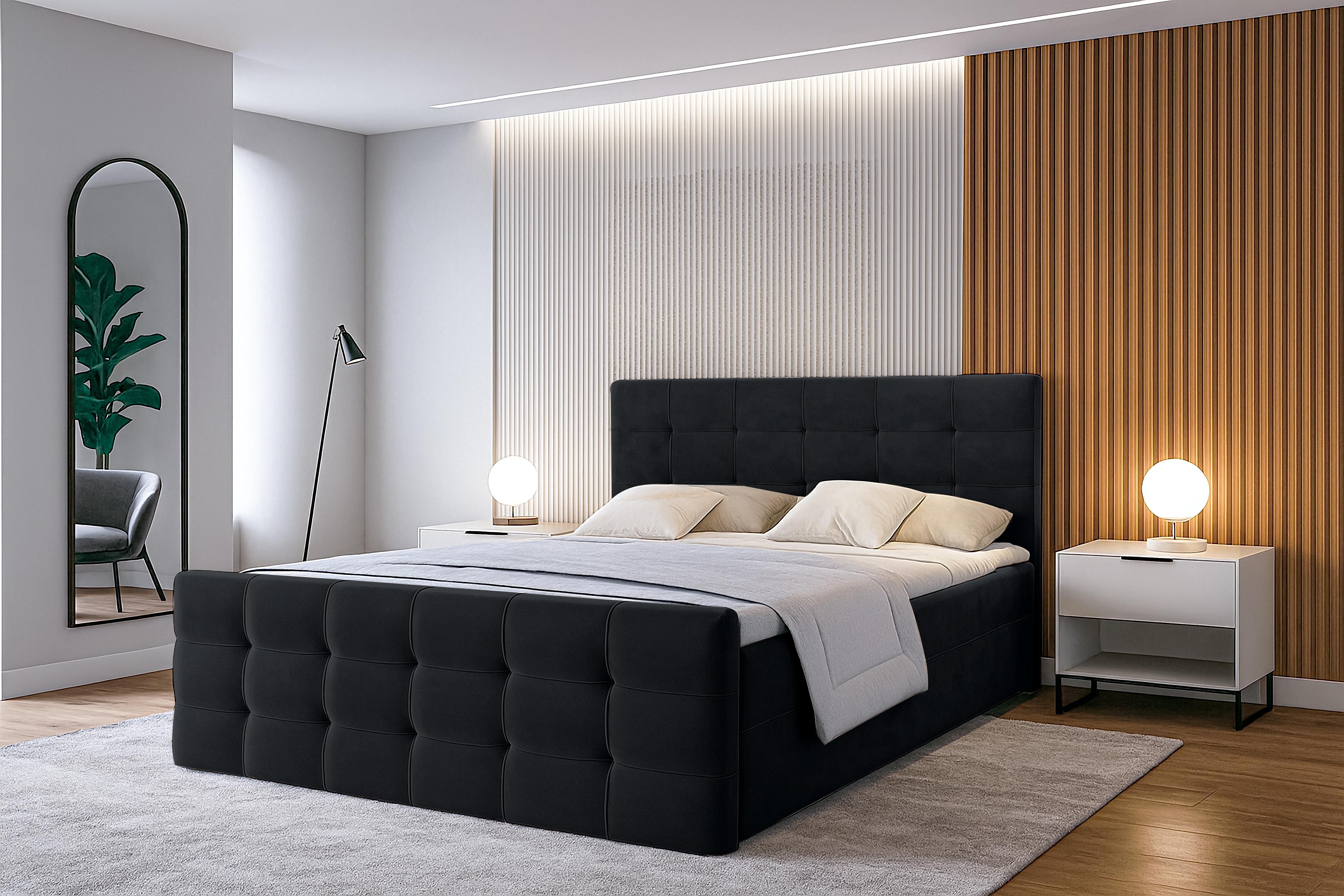 BOXBETT ARGENTARO 140x200 cm mit Bettkasten und Matratze - Schwarz + TOPPER Textil AX Living Möbel > Betten > Boxspringbetten Schwarz